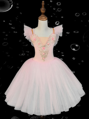 ピンクキッズバレエダンスドレス 刺繍入りフリル バックレスバレエスカート キッズダンスパフォーマンス用