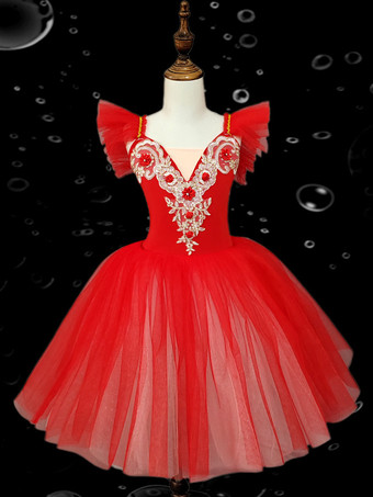 レッド キッズバレエダンスドレス 刺繍入りフリル バックレスバレエスカート キッズダンスパフォーマンス用