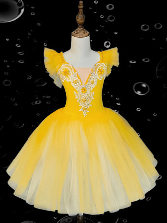 イエローキッズバレエダンスドレス 刺繍入りフリル バックレスバレエスカート キッズダンスパフォーマンス用