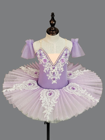 ラベンダーカラー女の子用バレエドレス ラベンダー レイヤードチュール 刺繍入り ポリエステル ダンスウェア