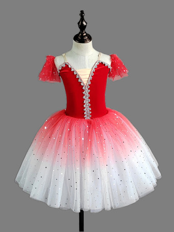 レッド バレエダンススカート バレリーナ スパンコール キッズダンスパフォーマンス