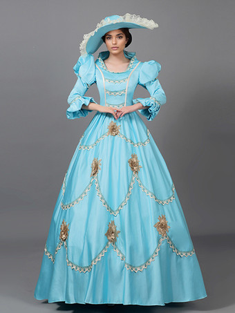 ライトスカイブルービクトリア朝のドレス ライトスカイブルー レース 花 フリル ヴィンテージ コスチューム セット