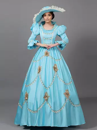 ビクトリア朝のドレス ライトスカイブルー レース 花 フリル 