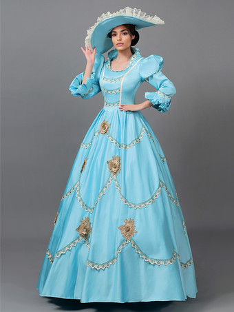 ビクトリア朝のドレス ライトスカイブルー レース 花 フリル ヴィンテージ コスチューム セット