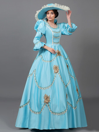 ビクトリア朝のドレス ライトスカイブルー レース 花 フリル ヴィンテージ コスチューム セット