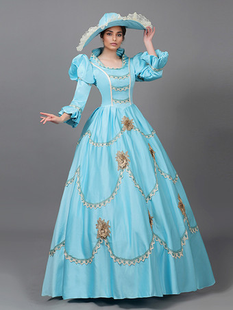 ビクトリア朝のドレス ライトスカイブルー レース 花 フリル ヴィンテージ コスチューム セット