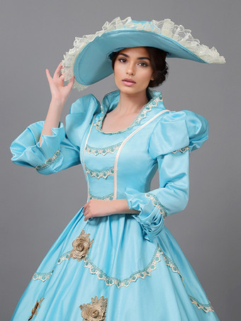 ビクトリア朝のドレス ライトスカイブルー レース 花 フリル ヴィンテージ コスチューム セット