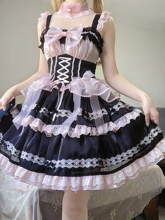 ピンク  ゴシックロリータドレス レースアップ リボン カラーブロック レーストリム スリップドレス