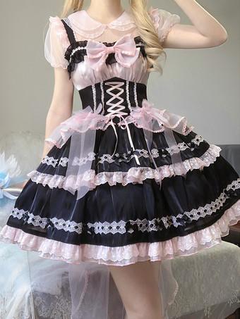   ゴシックロリータドレス レースアップ リボン カラーブロック レーストリム スリップドレス
