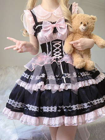   ゴシックロリータドレス レースアップ リボン カラーブロック レーストリム スリップドレス