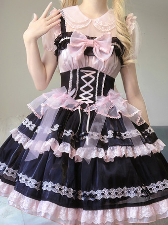   ゴシックロリータドレス レースアップ リボン カラーブロック レーストリム スリップドレス