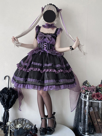   ゴシックロリータドレス レースアップ リボン カラーブロック レーストリム スリップドレス