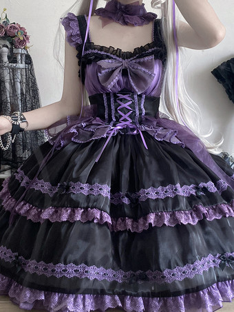   ゴシックロリータドレス レースアップ リボン カラーブロック レーストリム スリップドレス