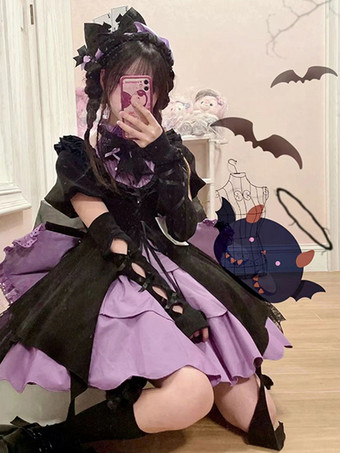 Morado  Vestidos góticos de lolita con lazos y volantes en color morado con bloques de color y vestido de lolita agridulce
