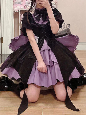   Vestidos góticos de lolita con lazos y volantes en color morado con bloques de color y vestido de lolita agridulce