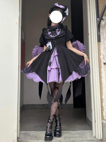   Vestidos góticos de lolita con lazos y volantes en color morado con bloques de color y vestido de lolita agridulce