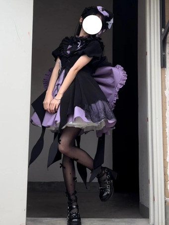   Vestidos góticos de lolita con lazos y volantes en color morado con bloques de color y vestido de lolita agridulce