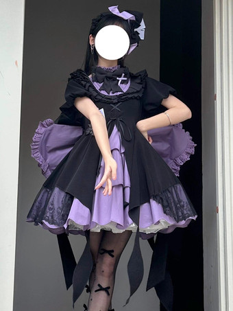   Vestidos góticos de lolita con lazos y volantes en color morado con bloques de color y vestido de lolita agridulce