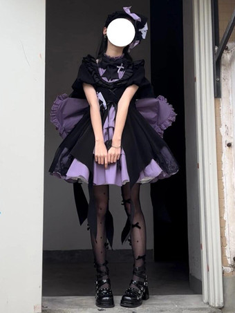   Vestidos góticos de lolita con lazos y volantes en color morado con bloques de color y vestido de lolita agridulce