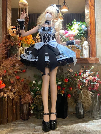 ライトスカイブルーゴシック ロリータ ドレス レースアップ レース カラーブロック ピンク ライトスカイブルー JSK