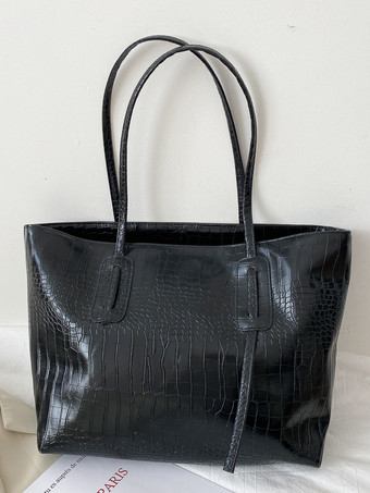 ブラック クロコダイル柄トートバッグ フェイクレザー 大容量 ショルダーバッグ レディース 2025