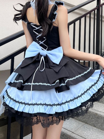 ゴシック ロリータ ドレス レースアップ レース カラーブロック ピンク ライトスカイブルー JSK
