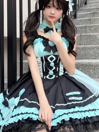 ゴシック ロリータ ドレス レースアップ レース カラーブロック ピンク ライトスカイブルー JSK