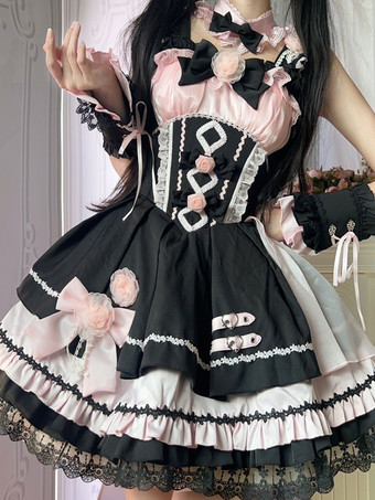 ピンクゴシック ロリータ ドレス レースアップ レース カラーブロック ピンク ライトスカイブルー JSK