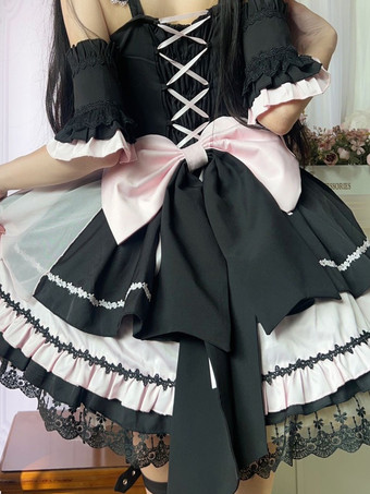ゴシック ロリータ ドレス レースアップ レース カラーブロック ピンク ライトスカイブルー JSK
