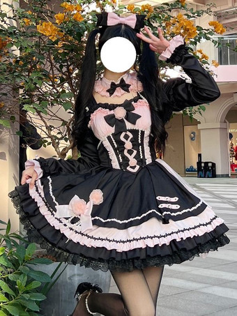 ゴシック ロリータ ドレス レースアップ レース カラーブロック ピンク ライトスカイブルー JSK