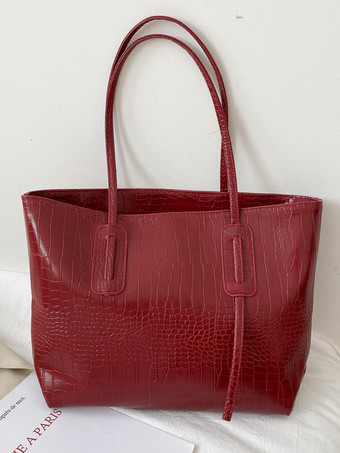 ワインレッド クロコダイル柄トートバッグ フェイクレザー 大容量 ショルダーバッグ レディース 2025