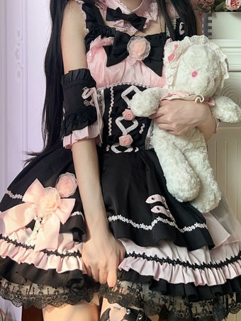 ゴシック ロリータ ドレス レースアップ レース カラーブロック ピンク ライトスカイブルー JSK