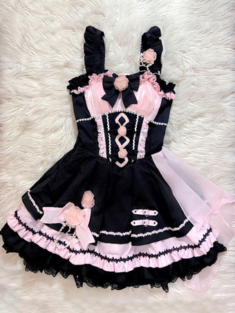 ゴシック ロリータ ドレス レースアップ レース カラーブロック ピンク ライトスカイブルー JSK