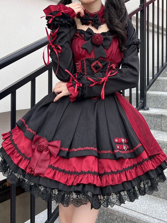 レッド ゴシック ロリータ ドレス レースアップ レース カラーブロック ピンク ライトスカイブルー JSK