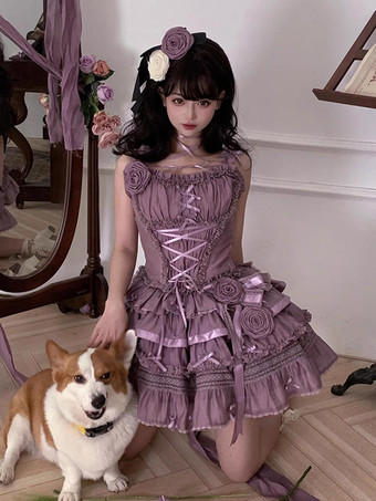パープル ゴシックロリータ衣装 紫の花 フリル リボン ノースリーブ スカート トップス ほろ苦い