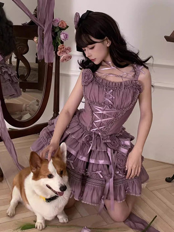 ゴシックロリータ衣装 紫の花 フリル リボン ノースリーブ スカート トップス ほろ苦い