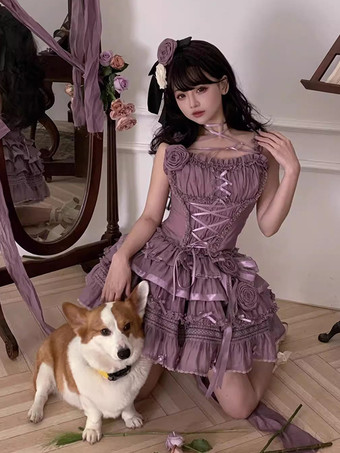 ゴシックロリータ衣装 紫の花 フリル リボン ノースリーブ スカート トップス ほろ苦い
