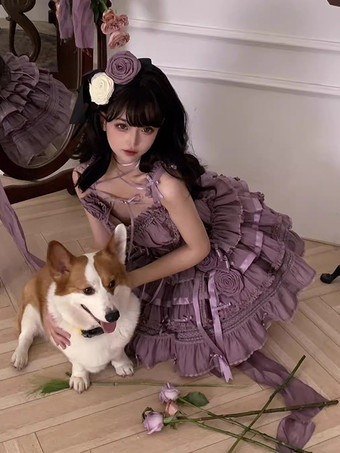 ゴシックロリータ衣装 紫の花 フリル リボン ノースリーブ スカート トップス ほろ苦い