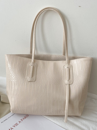 アイボリー クロコダイル柄トートバッグ フェイクレザー 大容量 ショルダーバッグ レディース 2025