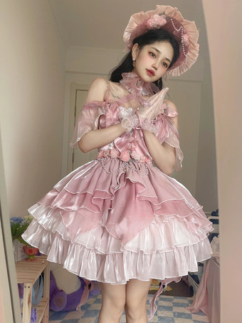 ピンクスイートロリータドレス ポリエステル ノースリーブ スイートロリータ 姫ロリータ Jsk