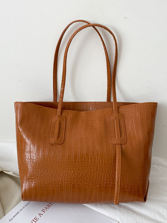 ブラウンクロコダイル柄トートバッグ フェイクレザー 大容量 ショルダーバッグ レディース 2025