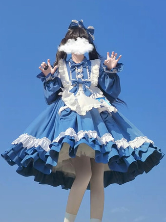 ブルー スイートロリータドレス ポリエステル 長袖ドレス ロリータドレス