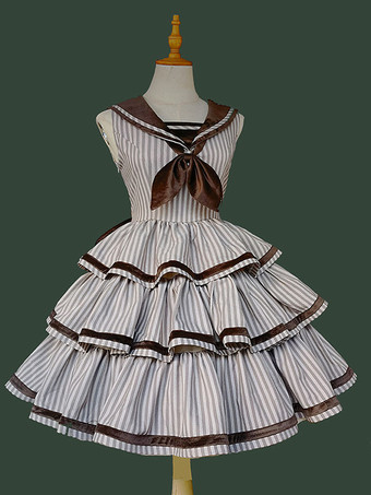 クラシカ ロリータ ドレス ポリエステル フリル ノースリーブ ロリータ ドレス ストライプ ディープブラウン JSK