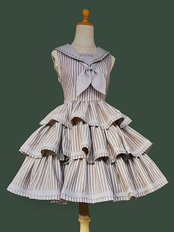 ダークグレー クラシカ ロリータ ドレス ポリエステル フリル ノースリーブ ロリータ ドレス ストライプ ディープブラウン JSK