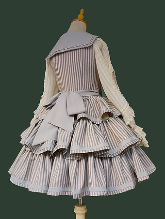 クラシカ ロリータ ドレス ポリエステル フリル ノースリーブ ロリータ ドレス ストライプ ディープブラウン JSK