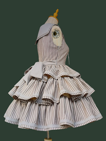 クラシカ ロリータ ドレス ポリエステル フリル ノースリーブ ロリータ ドレス ストライプ ディープブラウン JSK