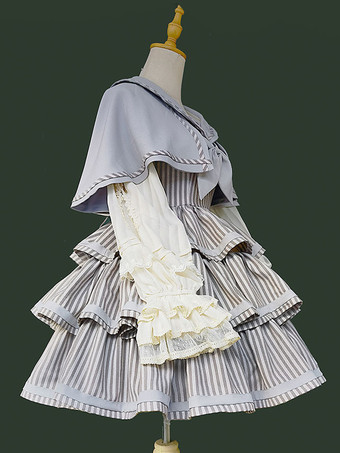 クラシカ ロリータ ドレス ポリエステル フリル ノースリーブ ロリータ ドレス ストライプ ディープブラウン JSK