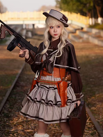 クラシカ ロリータ ドレス ポリエステル フリル ノースリーブ ロリータ ドレス ストライプ ディープブラウン JSK