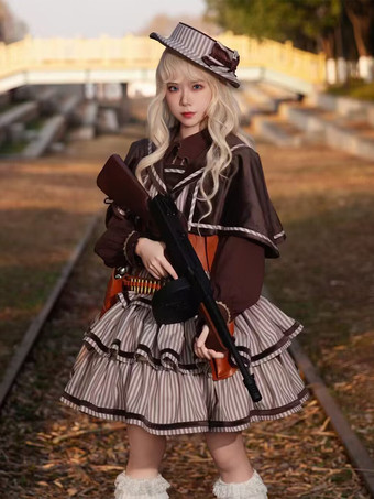 クラシカ ロリータ ドレス ポリエステル フリル ノースリーブ ロリータ ドレス ストライプ ディープブラウン JSK