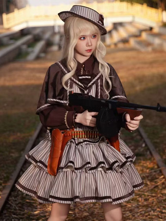 クラシカ ロリータ ドレス ポリエステル フリル ノースリーブ ロリータ ドレス ストライプ ディープブラウン JSK